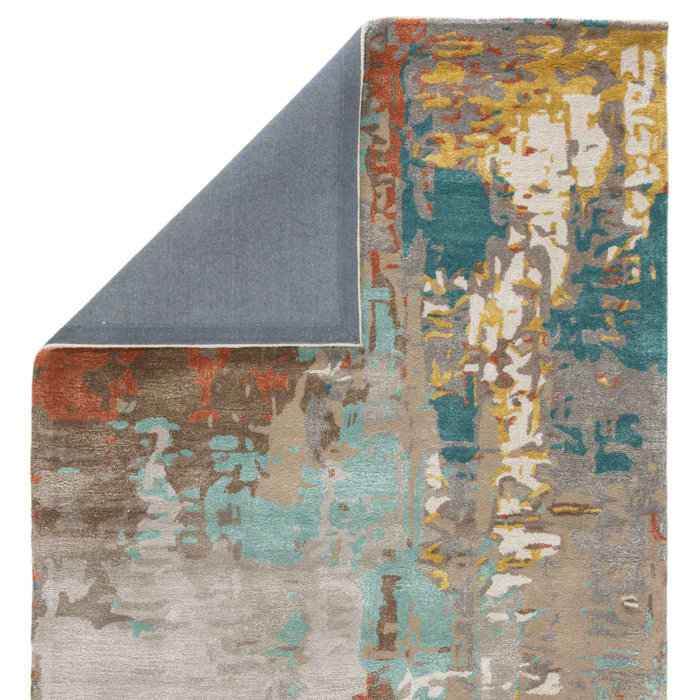 17 Stories Fleischman Handmade Hand Tufted Gray/Blue/Yellow Rug